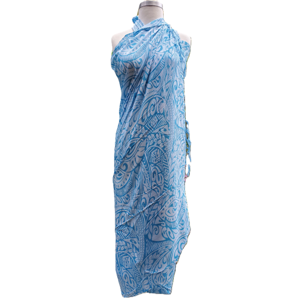 Hawaii Sarong Pareo White Ornament with Leaves BLUE