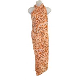 Hawaii Sarong Pareo White Ornament with Leaves ORANGE
