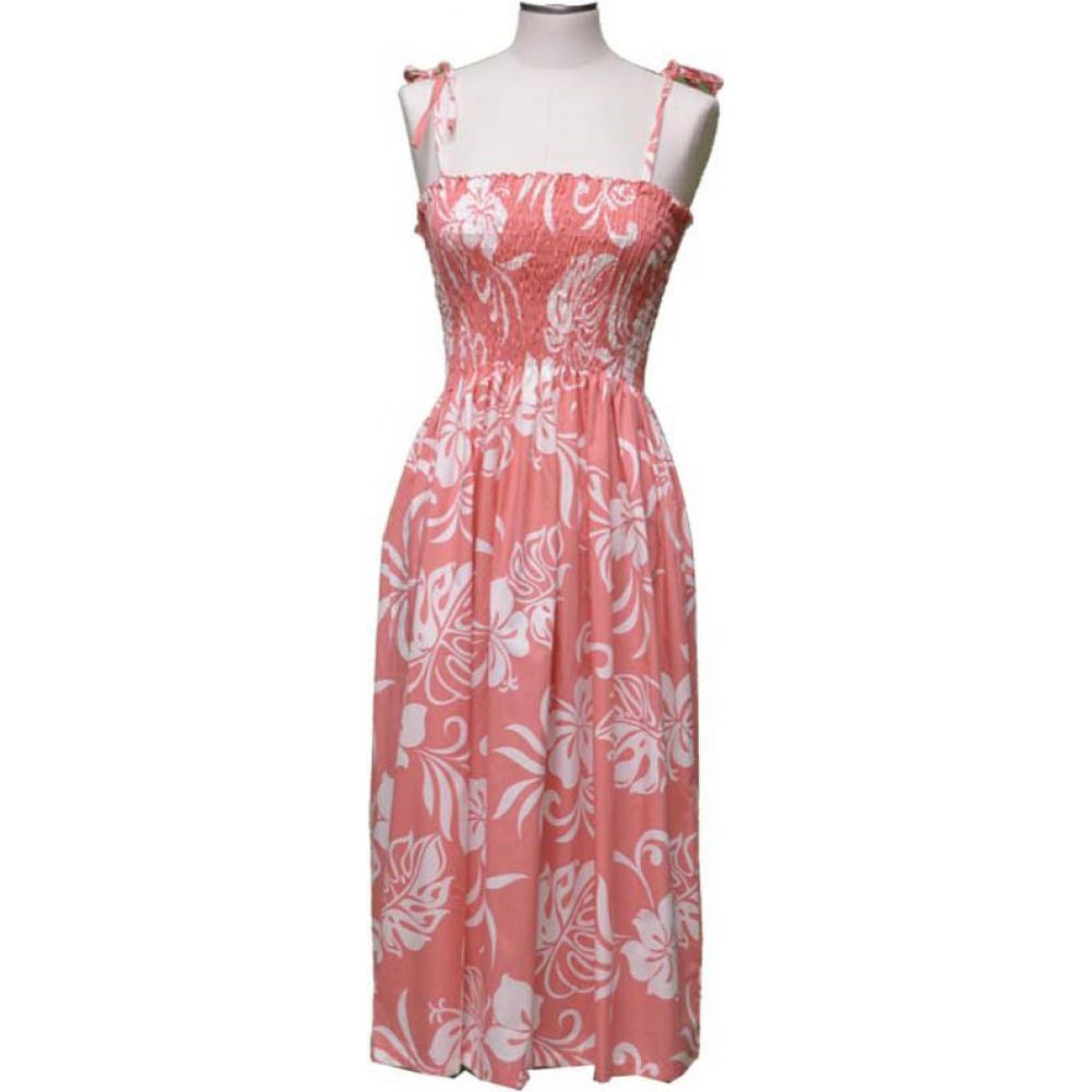 16D-486CO- Hawaiian Smock Midi Dress Classic Hibiscus Coral