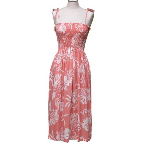 16D-486CO- Hawaiian Smock Midi Dress Classic Hibiscus Coral