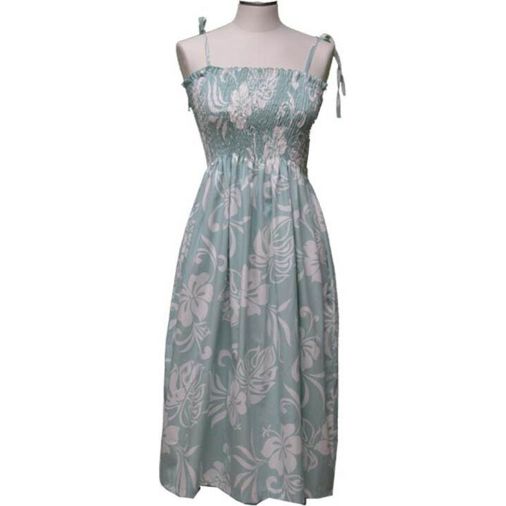 16D-486G- Hawaiian Smock Midi Dress Classic Hibiscus Green