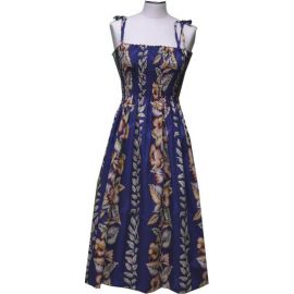 16D-535NB- Hawaiian Smock Midi Dress Anthurium Design Navyblue