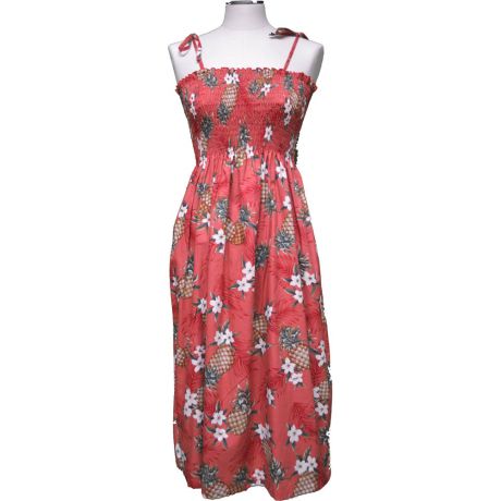 16D-410R - Cotton Hawaiian Smock Midi Dress Pineapple