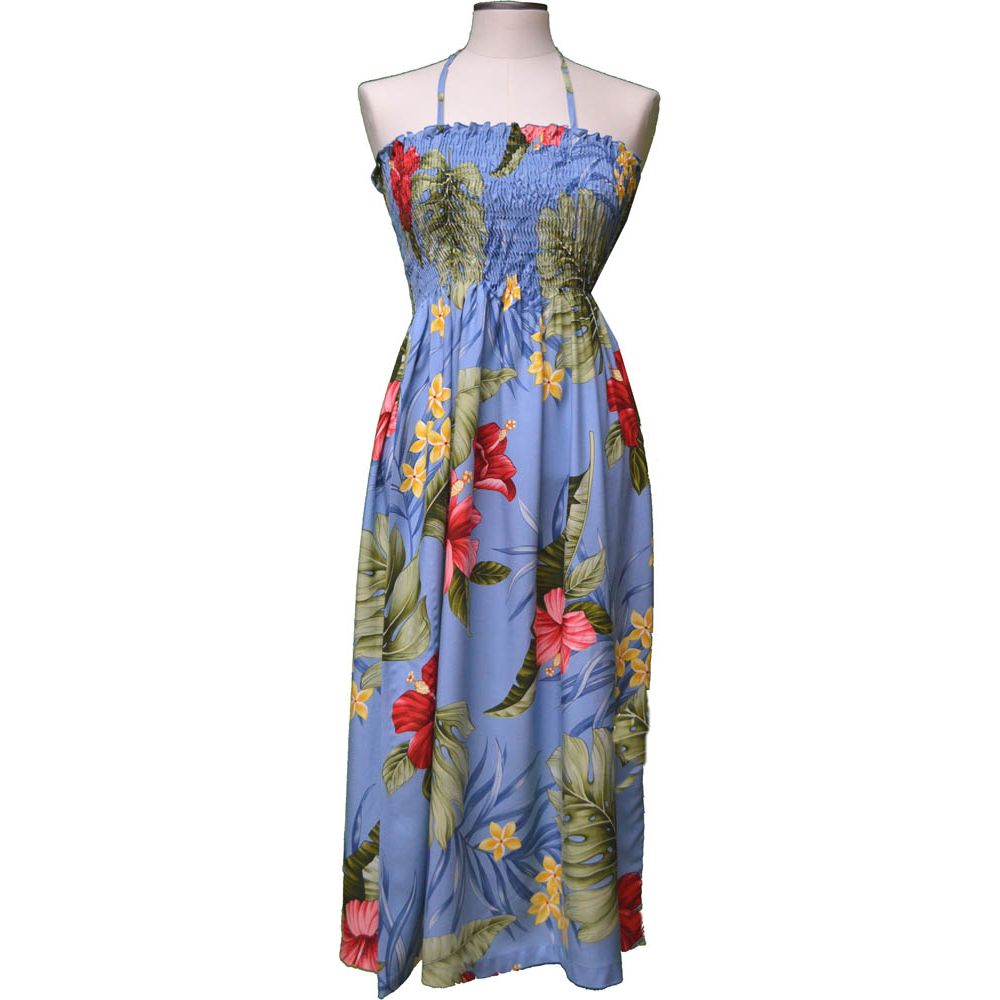 16D-826BL -Hawaiian Smock Midi Dress Makakilo Hibiscus