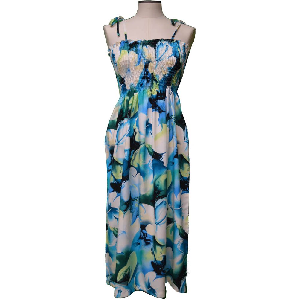 16D-827BL-Hawaiian Smock Midi Dress Watercolor Hibiscus