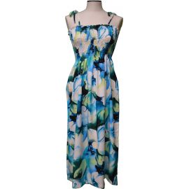 16D-827BL-Hawaiian Smock Midi Dress Watercolor Hibiscus