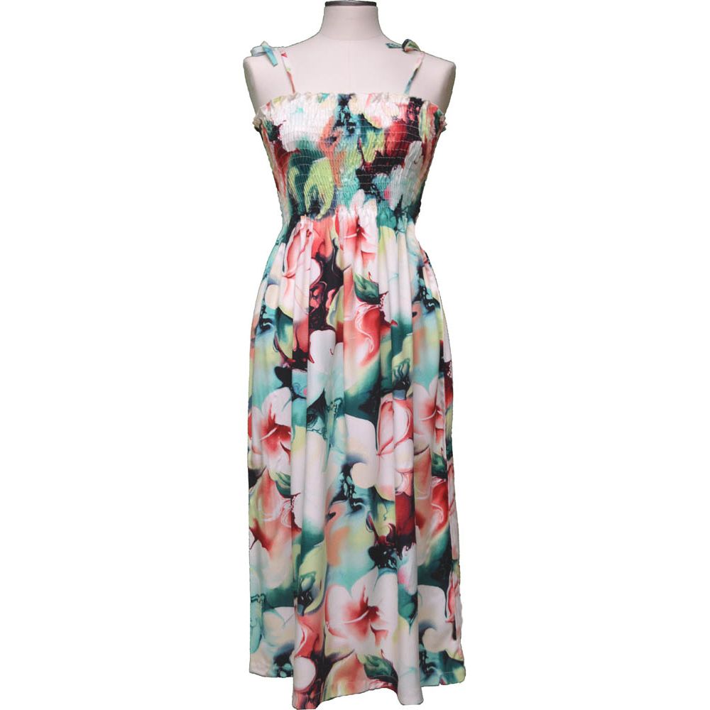 16D-827R-Hawaiian Smock Midi Dress Watercolor Hibiscus