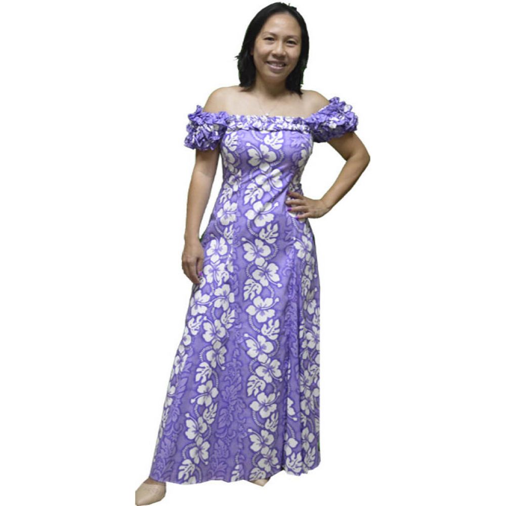 19D-213PP- Hibiscus White Purple Hawaiian Muumuu Dress