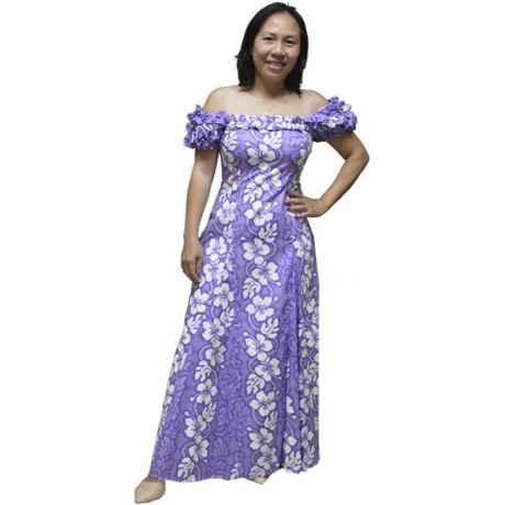 19D-213PP- Hibiscus White Purple Hawaiian Muumuu Dress