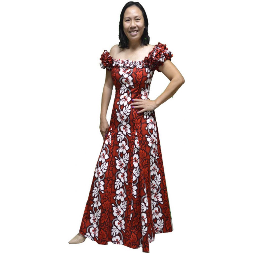 19D-213R- Hibiscus White Red Hawaiian Muumuu Dress