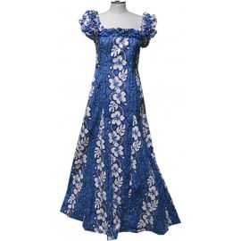 19D-213NB- Hibiscus White Navyblue Hawaiian Muumuu Dress