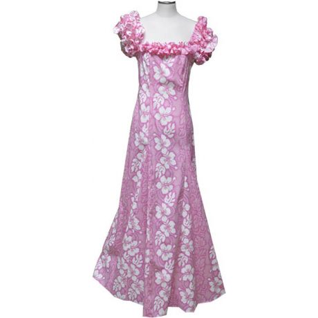 19D-213P- Hibiscus White Pink Hawaiian Muumuu Dress