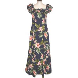 19D-403NBC - Coral Hibiscus Navy Hawaiian Muumuu Dress