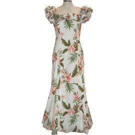 19D-403W - Coral Hibiscus White Hawaiian Muumuu Dress