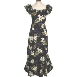 19D-413B -Classic Orchid Black Hawaiian Muumuu Dress