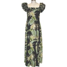 19D-438B-Hawaii Leaf Black Hawaiian Muumuu Dress