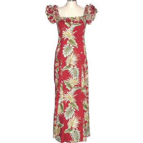 19D-438R-Hawaii Leaf Red Hawaiian Muumuu Dress