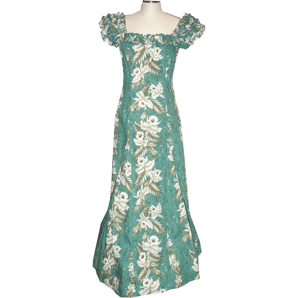 19D-456G -Pern Orchid Panel Green Cotton Hawaiian Muumuu Dress