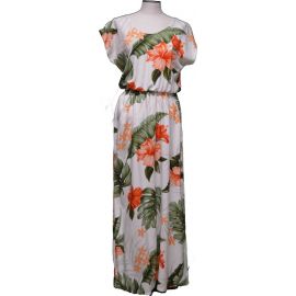 23LD-826W- Makakilo Hibiscus White Full Length Short Sleeve Hawa