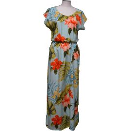 23LD-826G-Makakilo Hibiscus Green Full Length Short Sleeve Hawai