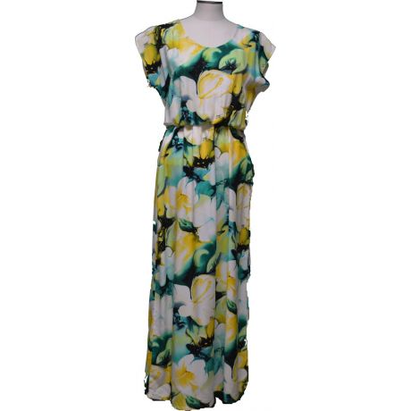 23LD-827Y- Watercolor Hibiscus Yellow Full Length Short Sleeve H