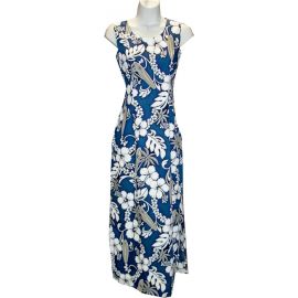 2LD-300NB-Long Hawaiian Dresses Lei Hibiscus Royal
