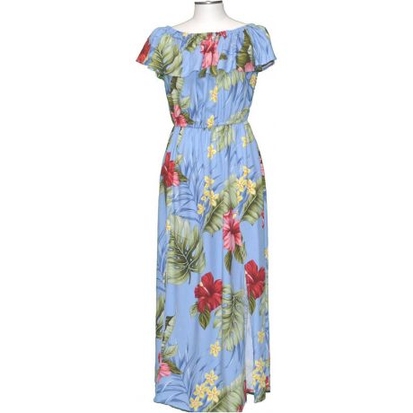 Makakilo Hibiscus Blue Off The Shoulder Summer Dress