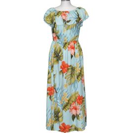 34D-826G Makakilo Hibiscus Green Off The Shoulder Summer Dress