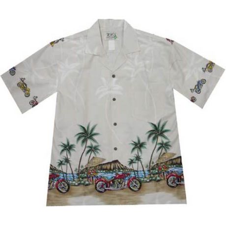 AL-398W- Motorcycle Diamond Head WWhite Cotton Mens Hawaiian Shi