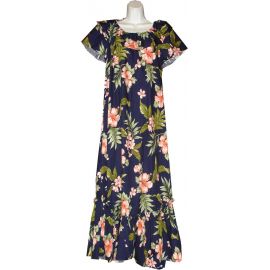 3LM-403NC- Coral Hibiscus Long Navy Cotton Muumuu Hawaiian Dress