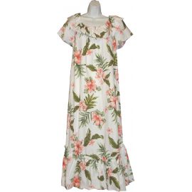 3LM-403WN- Coral Hibiscus Long White Cotton Muumuu Hawaiian Dres