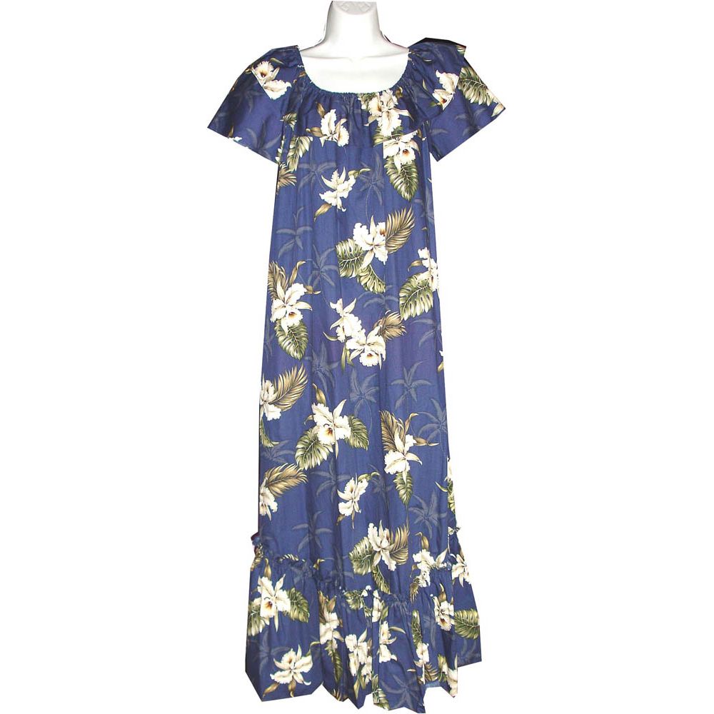 3LM-413NB- Long Navy Cotton Muumuu Hawaiian Dress
