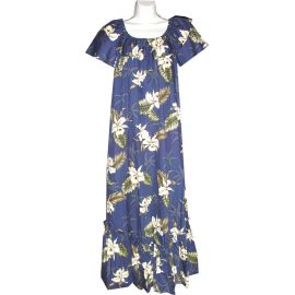 3LM-413NB- Long Navy Cotton Muumuu Hawaiian Dress