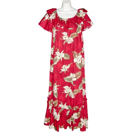 3LM-413R- Long Red Cotton Muumuu Hawaiian Dress