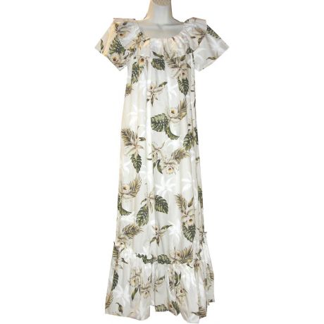 3LM-413W- Long White Cotton Muumuu Hawaiian Dress