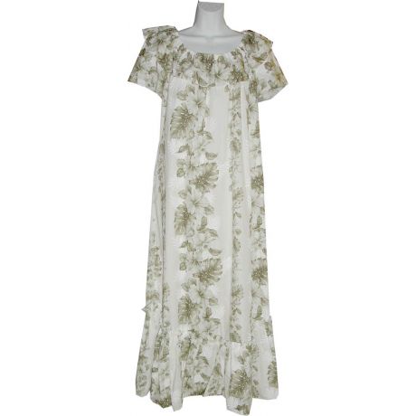 3LM-434CR Long Cream Cotton Muumuu Hawaiian Dress