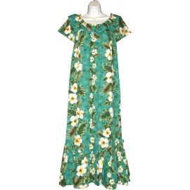 3LM-449G- Long Green Muumuu Hawaiian Dress Hibiscus Panel