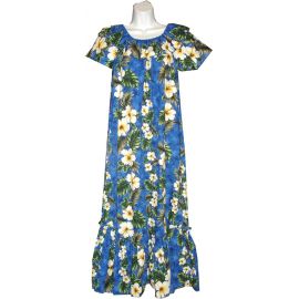 3LM-449NB- Long Navy Muumuu Hawaiian Dress Hibiscus Panel