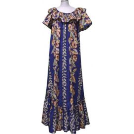 3LM-535NB - Vintage Anthurium Design Long Navy Cotton Muumuu Haw