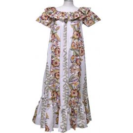 3LM-535W - Vintage Anthurium Design Long White Cotton Muumuu Haw