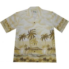 AL401Y- Palms Trees Diamond Head Yellow Cotton Mens Hawaiian Shi