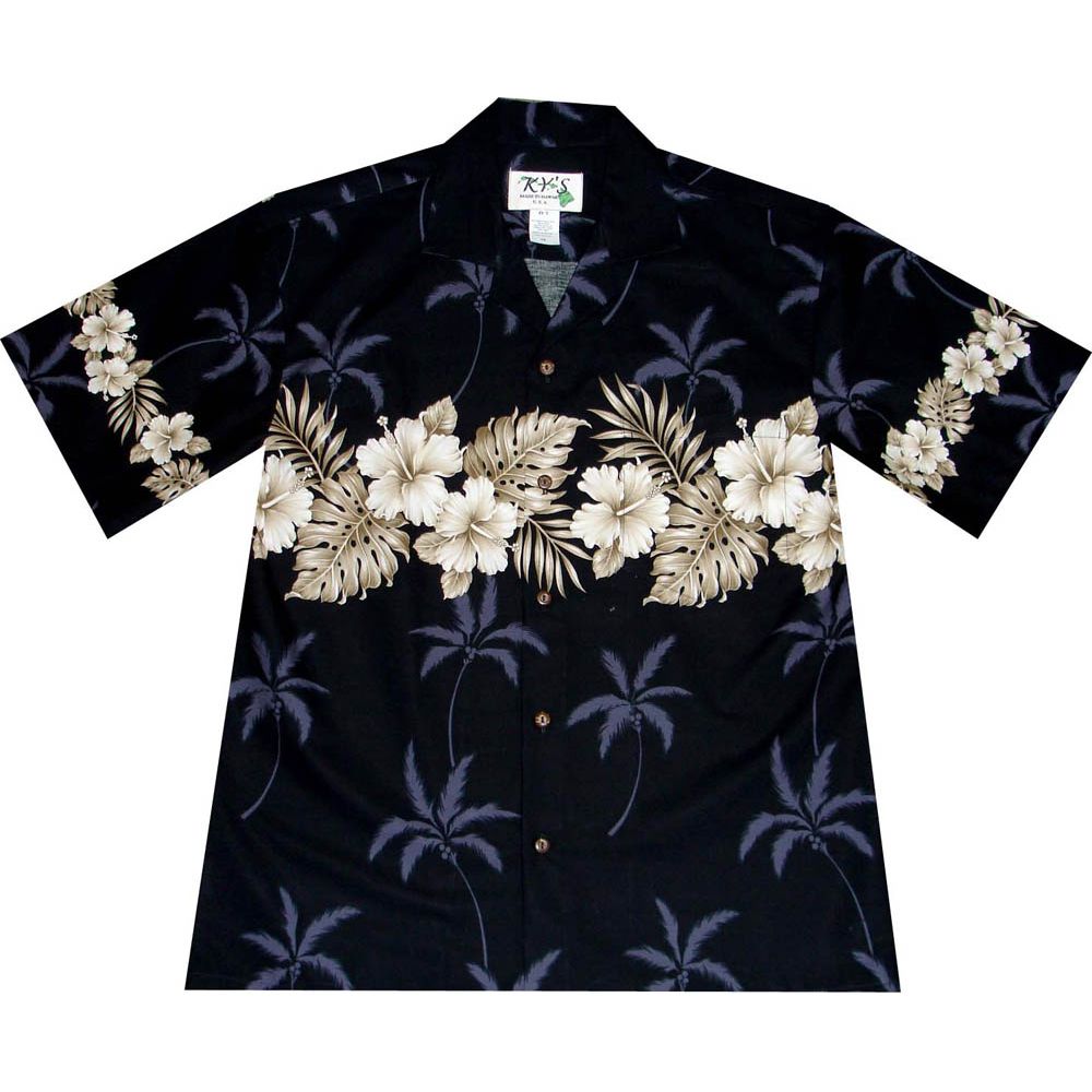 AL-412 B Vintage-Hibiscus-Chest-Band-Black-Hawaiian-Shirt