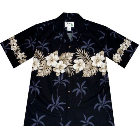 AL-412 B Vintage-Hibiscus-Chest-Band-Black-Hawaiian-Shirt