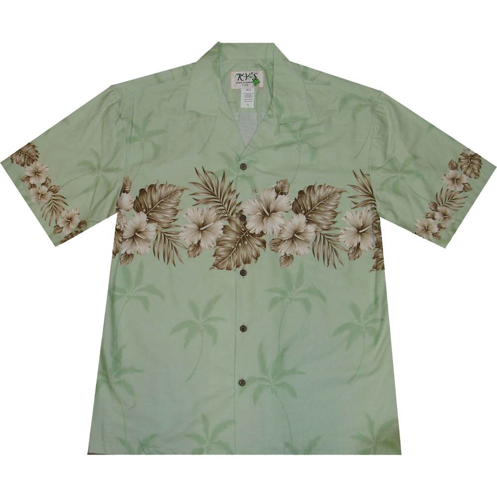 AL-412 G  Vintage-Hibiscus-Chest-Band-Green-Hawaiian-Shirt