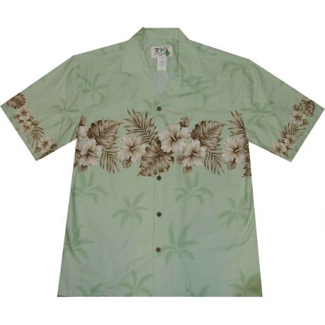 AL-412 G  Vintage-Hibiscus-Chest-Band-Green-Hawaiian-Shirt