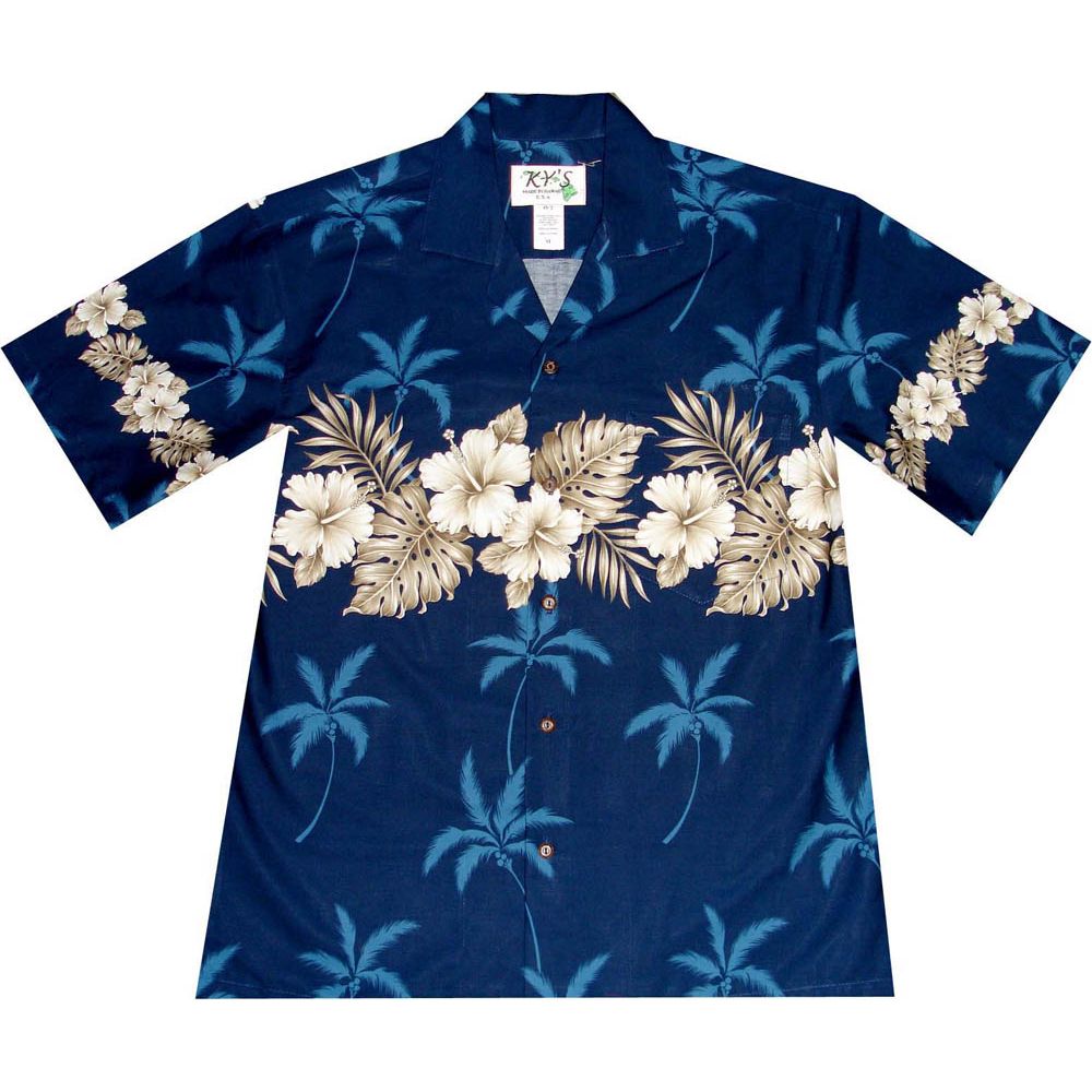 AL-412 NB Vintage-Hibiscus-Chest-Band-Navy-Hawaiian-Shirt