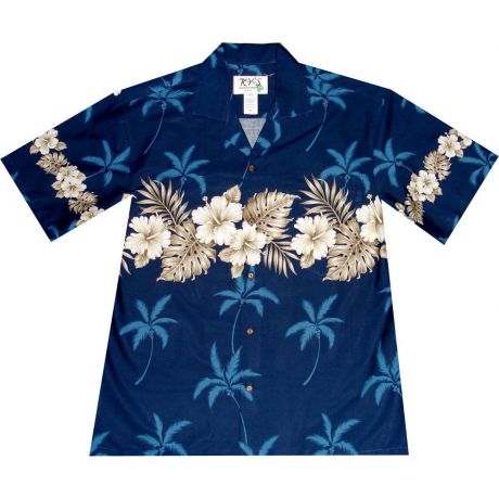 AL-412 NB Vintage-Hibiscus-Chest-Band-Navy-Hawaiian-Shirt