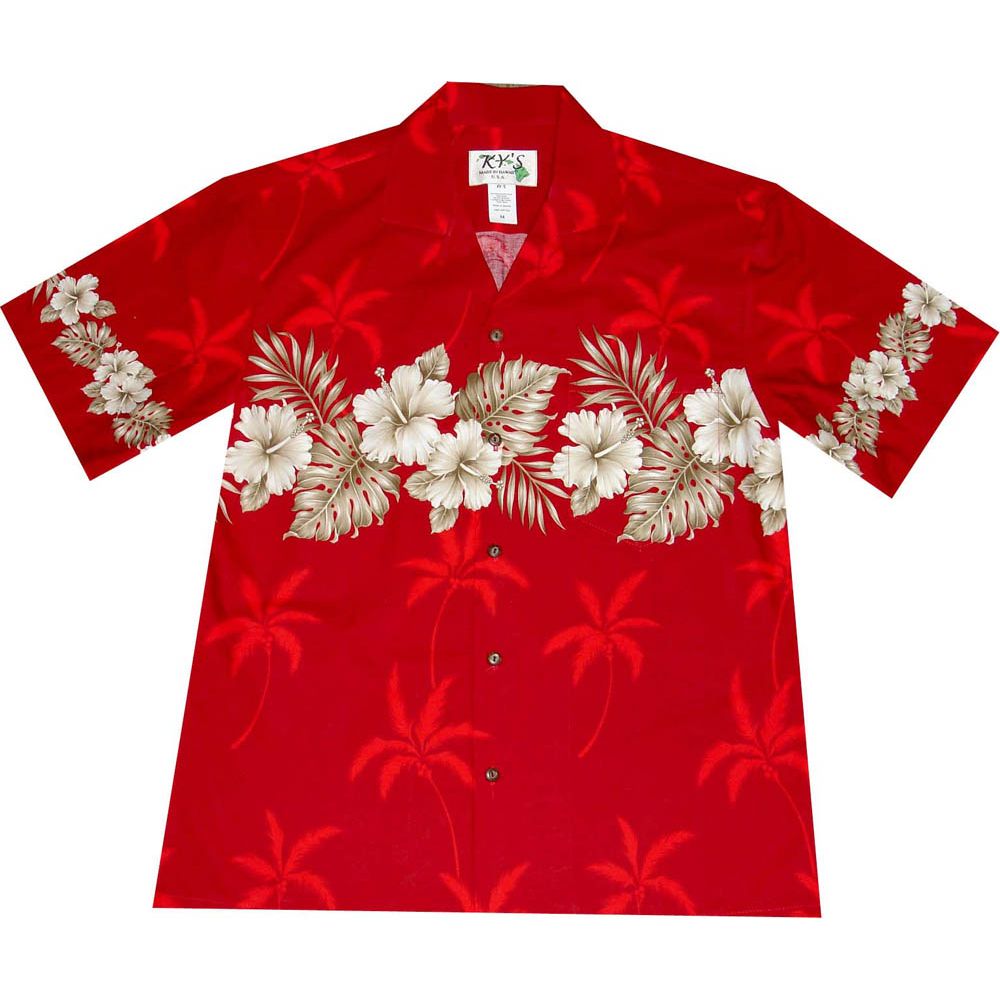 AL-412 R Vintage-Hibiscus-Chest-Band-Red-Hawaiian-Shirt