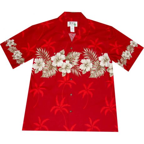 AL-412 R Vintage-Hibiscus-Chest-Band-Red-Hawaiian-Shirt