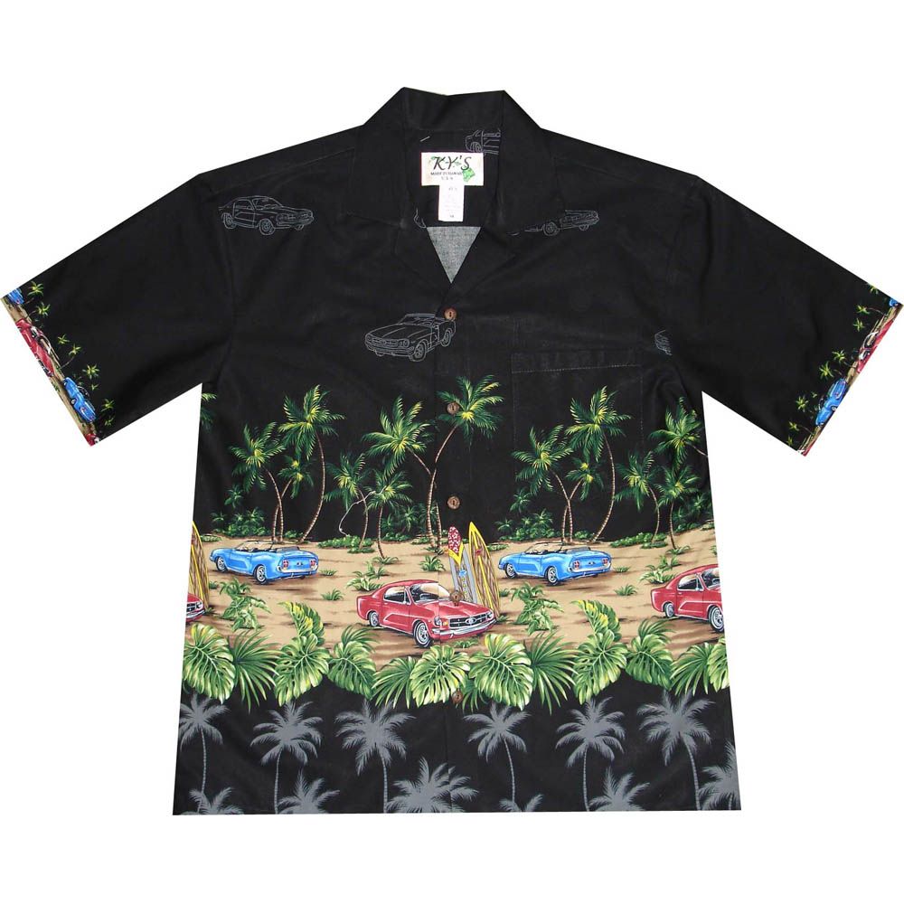 AL-418B- Woody Car Beach Black Cotton Mens Hawaiian Shirt